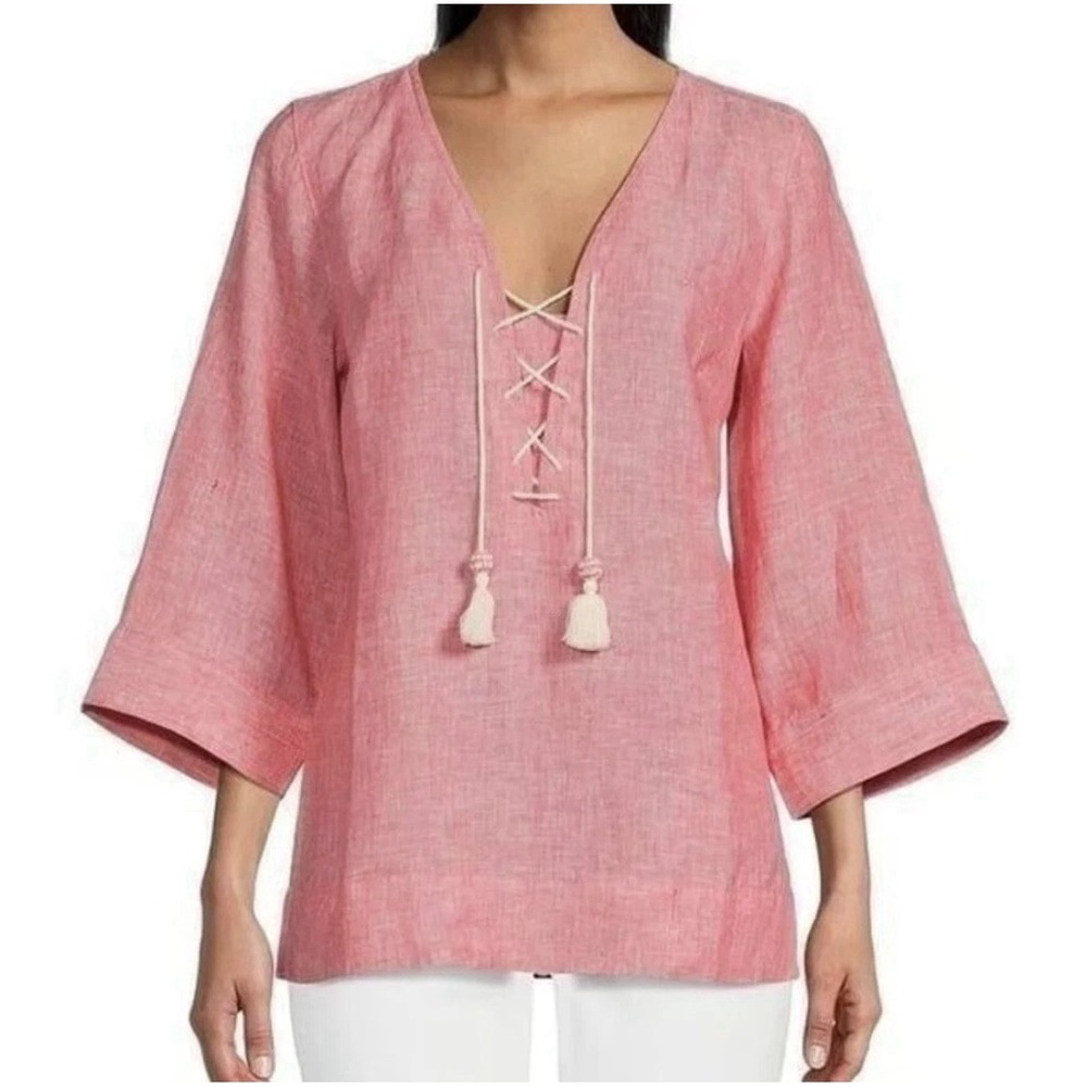 $118 Tommy Bahama Coastalina Tassel Linen Tunic Blouse, Paradise Pink Size Large